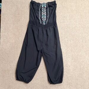 Angie Black Strapless Jumpsuit Embroidered Smocked Waist Boho Romper Large